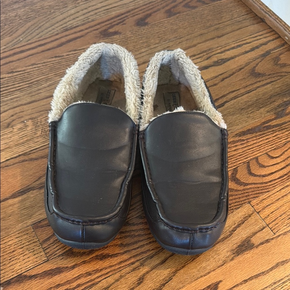 Deer Stags Brown Faux-Leather Slip-On Moccasins with Cream Plush Lining